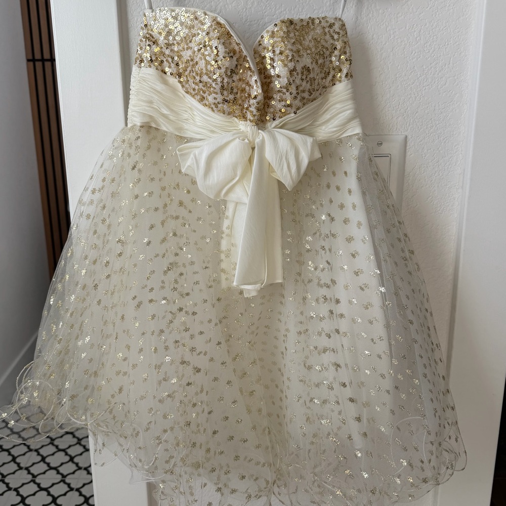 Sherri Hill Ivory and Gold Sequin Tulle Party Dress